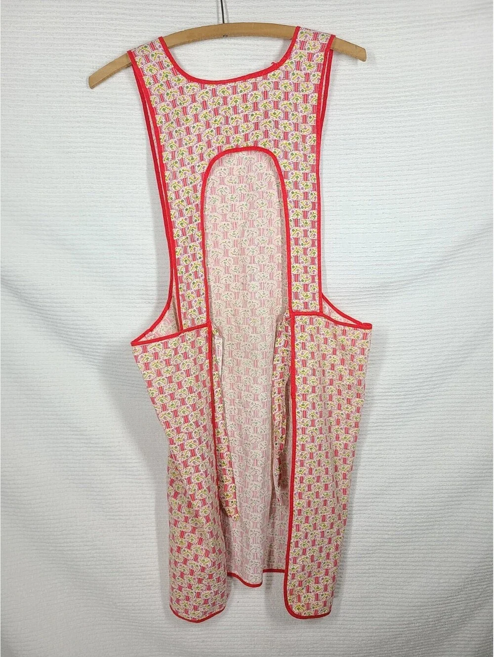 Vtg 50s Tie Back Apron Full Length Geometric Novelty Cotton Print Retro Kitchen